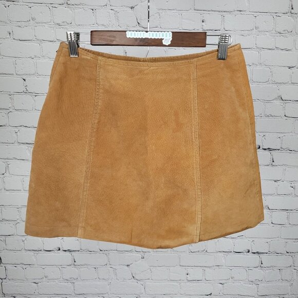 Kathy Ireland Tan Brown Genuine Suede Leather Lined Side Zip Mini Skirt Size 8 - Picture 2 of 11